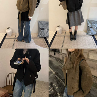 双排扣毛呢夹棉短外套 冬上新复古风翻领宽松短款 配5333 ROOM