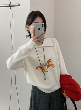 RAND BOUL-冬上新法式复古刺绣马图案宽松长袖保暖毛衣2565