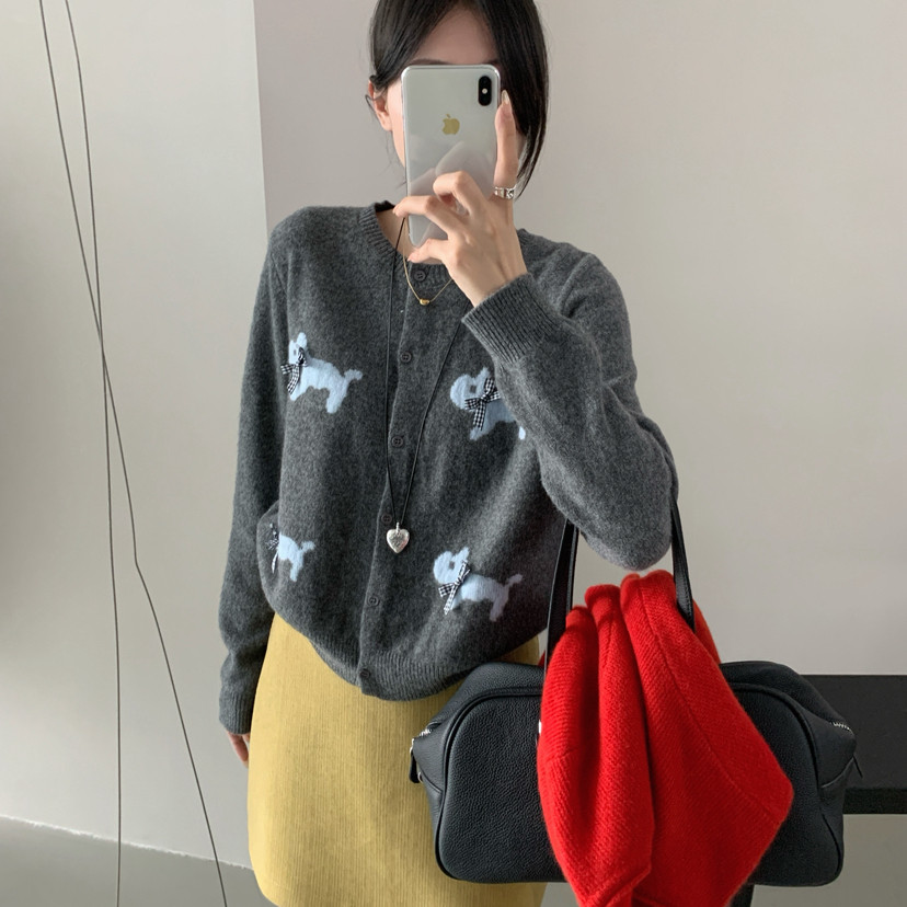 RAND BOUL冬上新可爱小狗图案慵懒风针织开衫（含100羊毛）52553