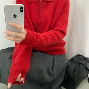 GRAND BOUL复古风绞花针织翻领长袖保暖毛衣（含100羊毛）52803