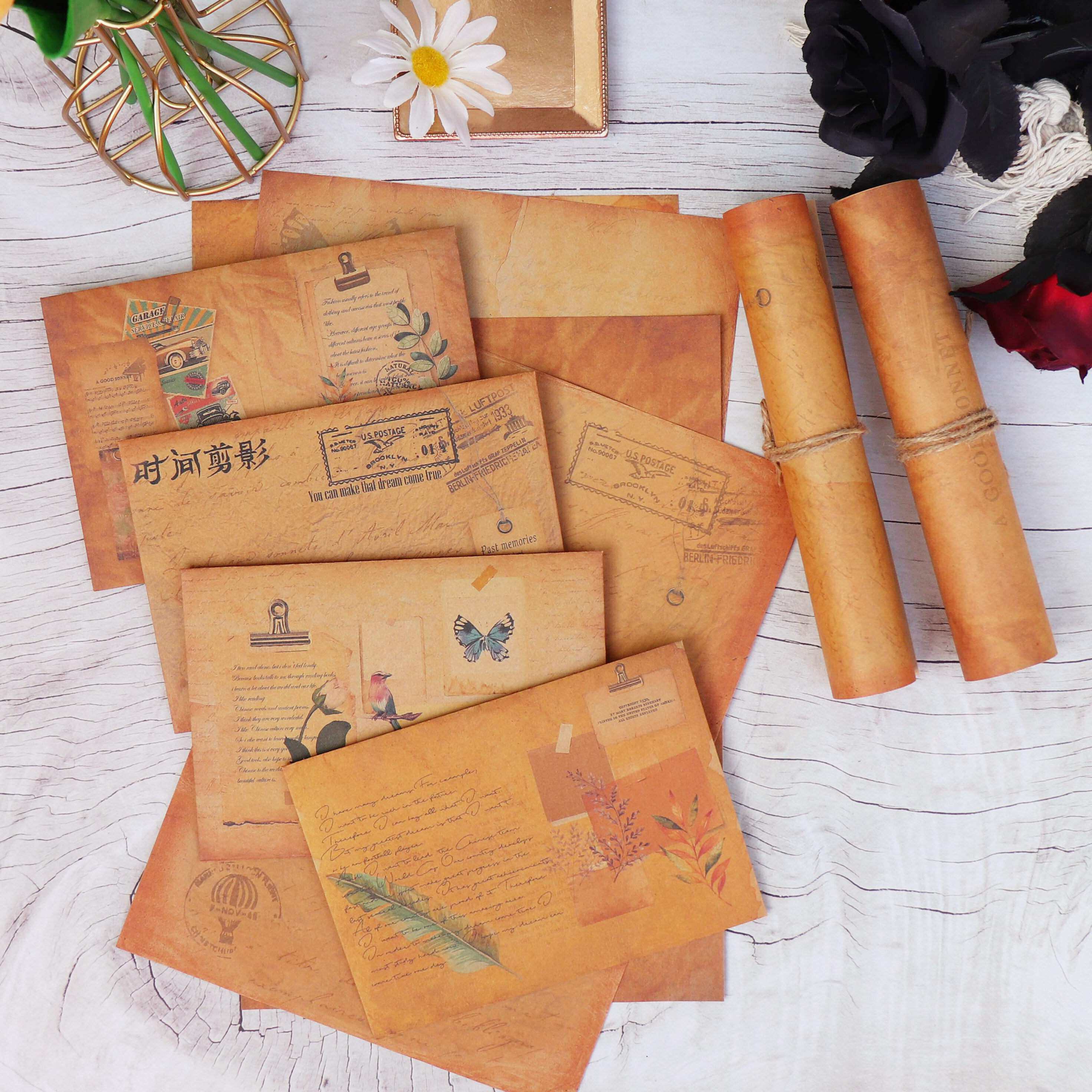 做旧复古牛皮信纸信封打印纸经典手帐素材拼贴情书稿纸感谢信定制