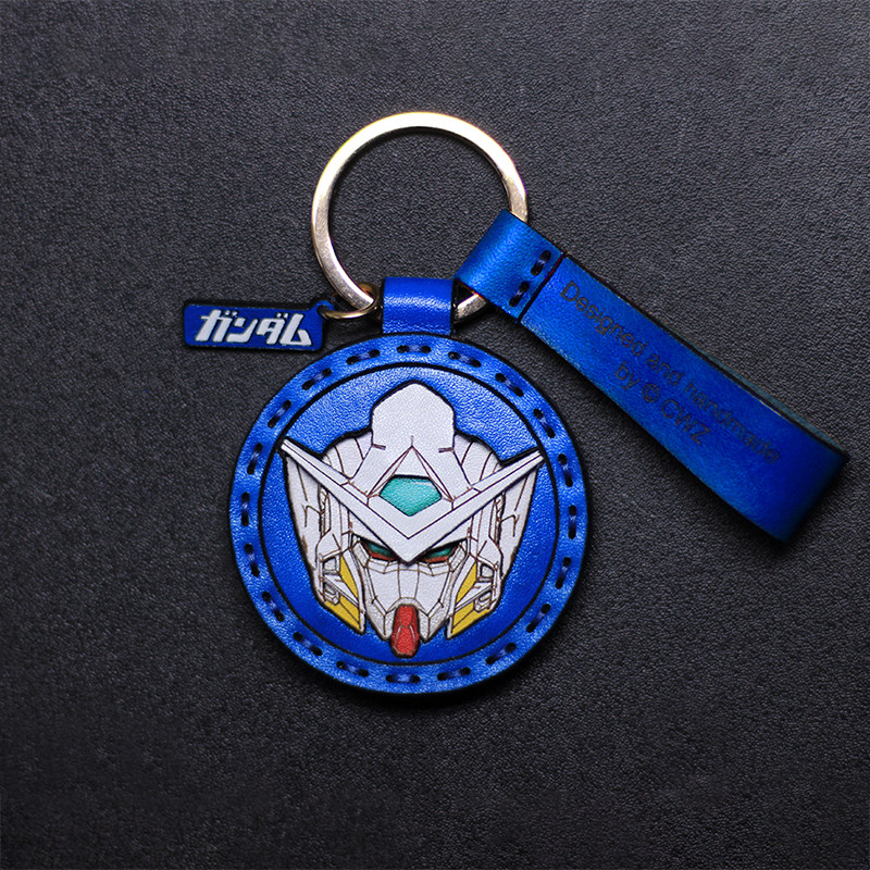 潮物志手绘能天使高达gn-001手工真皮定制汽车钥匙扣包挂生日礼物