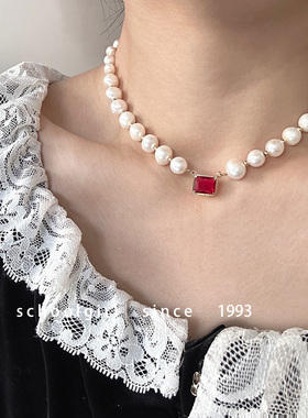 中古风轻奢高级感天然淡水珍珠红宝石项链法式复古港风气质颈链