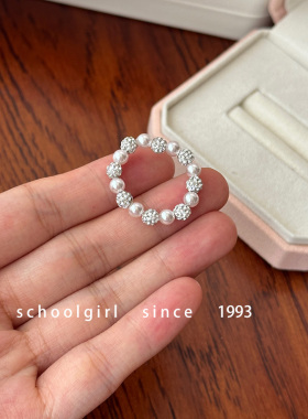 2025新款曼塔玫瑰粉紫色珍珠戒指弹力绳超闪锆石球轻奢高级感叠戴