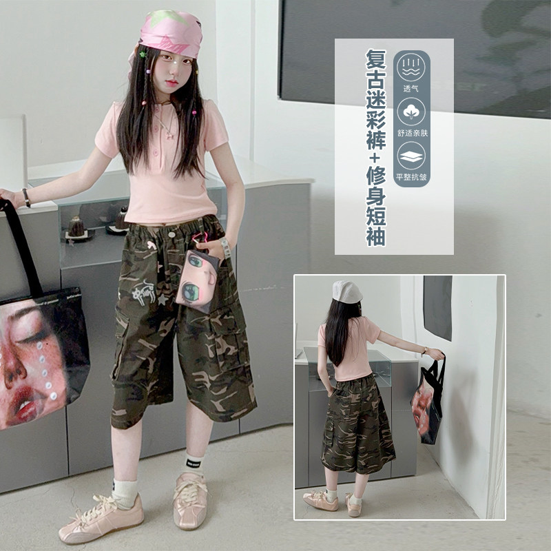 美式复古迷彩工装七分牛仔裤女童2026夏季口袋阔腿裤7分短裤套装图片