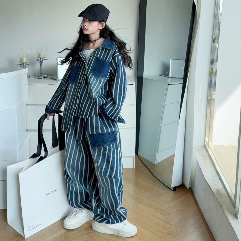 女童2025新款中大童韩版洋气春秋季休闲牛仔条纹外套牛仔裤套装潮