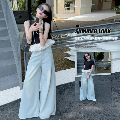 女童黑色背心夏季洋气儿童荷叶边修身无袖上衣女孩牛仔阔腿裤套装