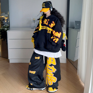 女童2025秋冬重磅毛圈大LOGO嘻哈潮牌宽松街舞男女卫衣帽衫套装