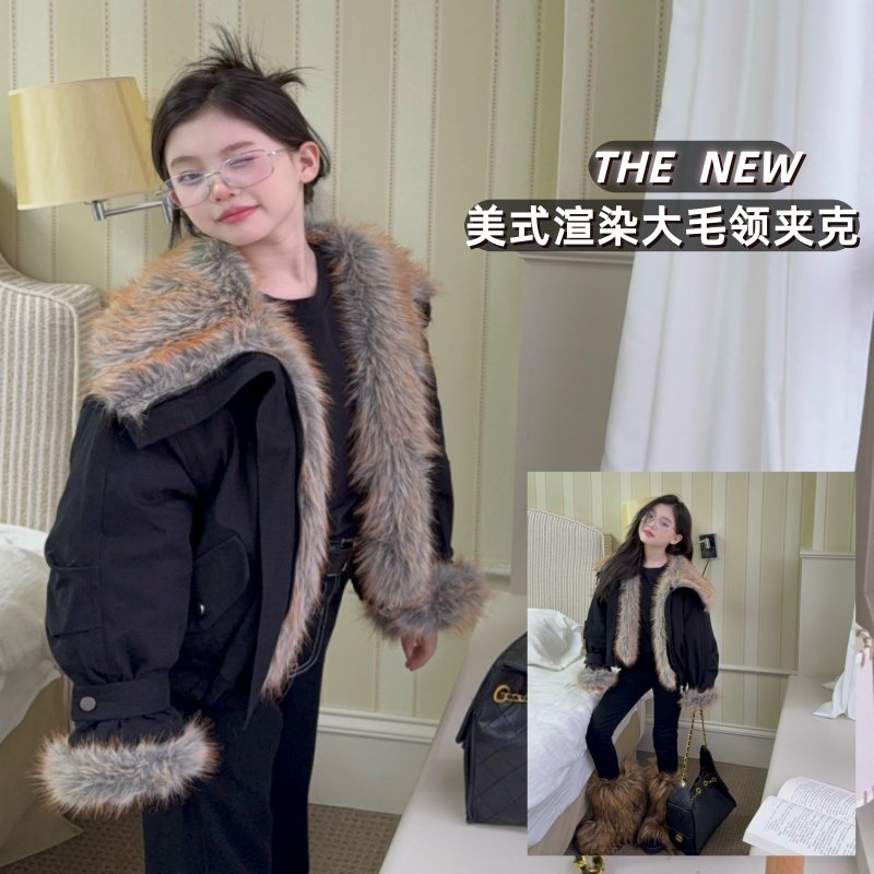 女童2025冬季新款时尚气质环保毛毛大翻领夹棉宽松保暖夹克外套