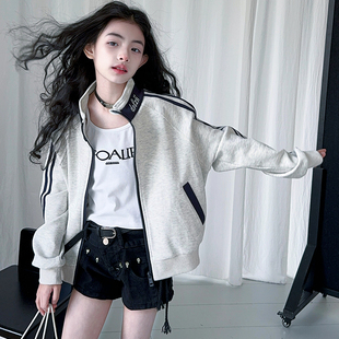 韩版立领条纹拼色棒球服女童2026秋季新款洋气百搭运动休闲外套