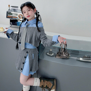绞花针织毛衫海盐蓝衬衫女童2026撞色拼接真假两件套上衣半裙套装