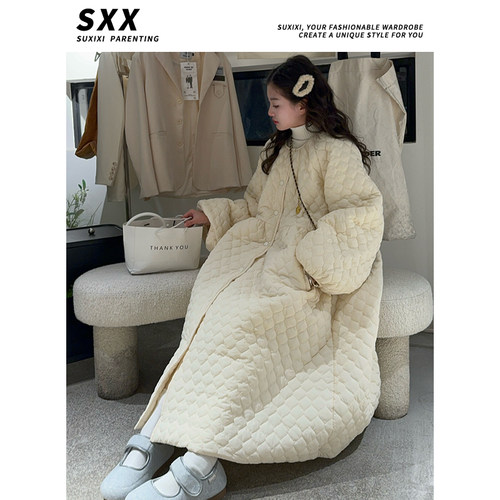 女童2025冬季菱格夹棉连衣裙冬季加厚宽松大码裙子长袖棉衣棉服