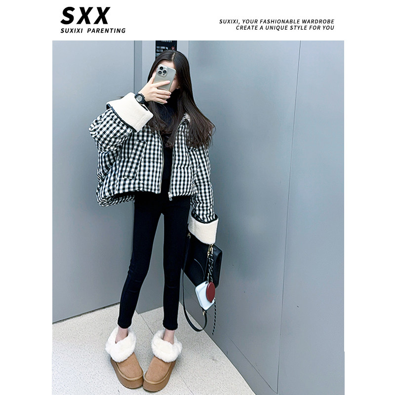 女童2025秋冬新款加厚宽松休闲羊羔毛大翻领格子棉服短外套,童装/婴儿装/亲子装,棉袄/棉服,淘宝优惠券,粉丝福利购,淘宝优惠卷