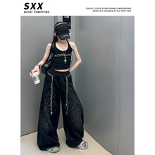 2025女童夏季新款韩版韩版时尚休闲烫钻潮酷嘻哈街舞背心裤子套装