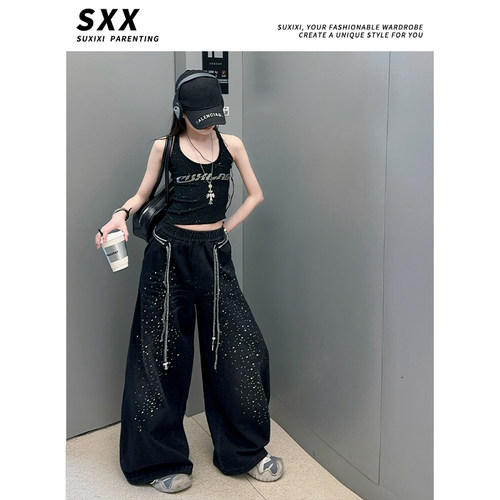 舞蹈服女童夏季新款韩版时尚休闲烫钻潮酷嘻哈街舞背心裤子套装