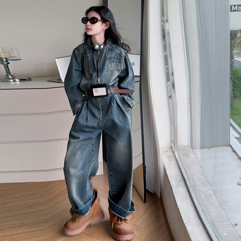 女童牛仔连体衣套装2025春秋新款美式复古时髦洋气宽松休闲长裤