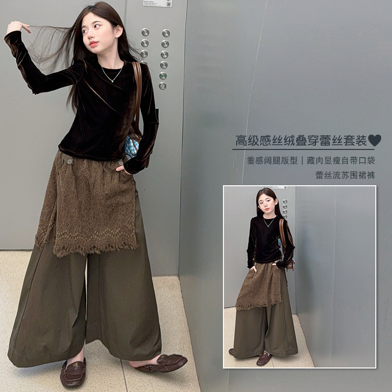 女童2026秋季新款复古蕾丝屁帘阔腿裤丝绒打底衫上衣两件套装潮图片