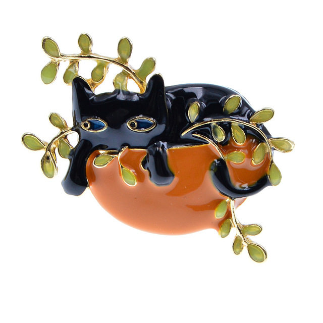 새로운 귀여운 게으른 고양이 브로치 2가지 색상 사용 가능 귀여운 검은 고양이 흰색 고양이 녹색 식물 브로치 노출 방지 고정 핀