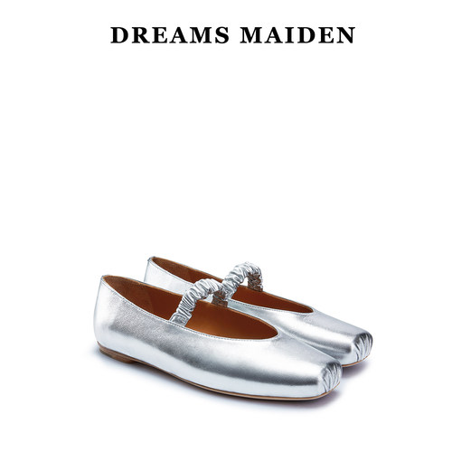 Dreamsmaiden女鞋小众设计2025春夏新款方头平底银色真皮玛丽珍鞋