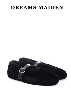 黑色羊羔皮毛一体绑带圆头玛丽珍保暖毛毛鞋小众设计单鞋2024冬季