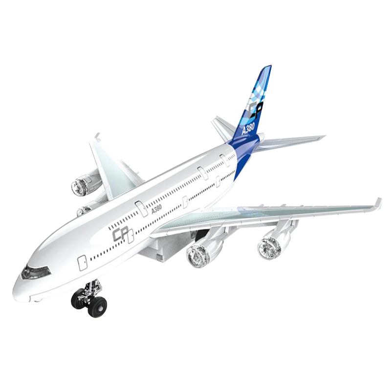 彩珀成真合金蓝红绿色A380客机飞机模型底座摆件回力儿童玩具男孩