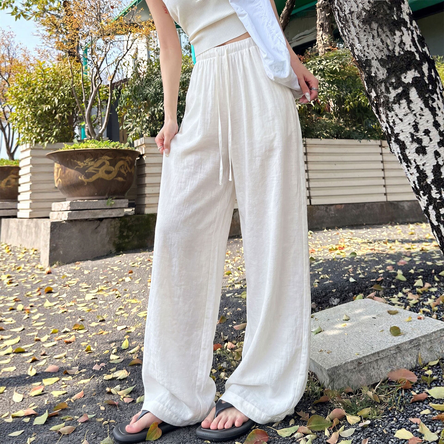 白色天丝亚麻阔腿裤女夏季薄款宽松bf慵懒风百搭休闲垂感棉麻裤子