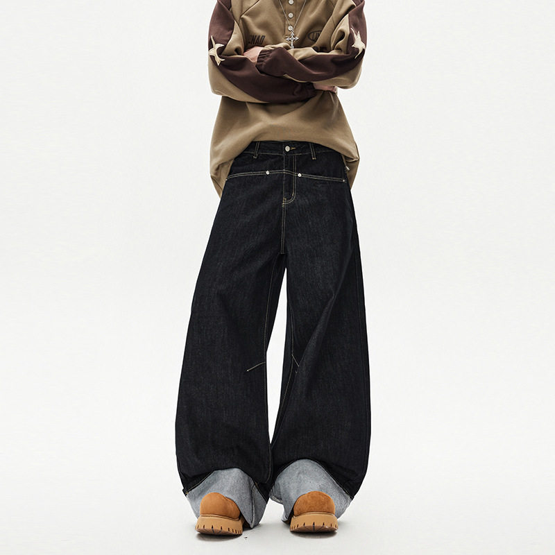 深色撞色翻边阔腿牛仔裤女中性新款小众设计感宽松显瘦直筒裤子
