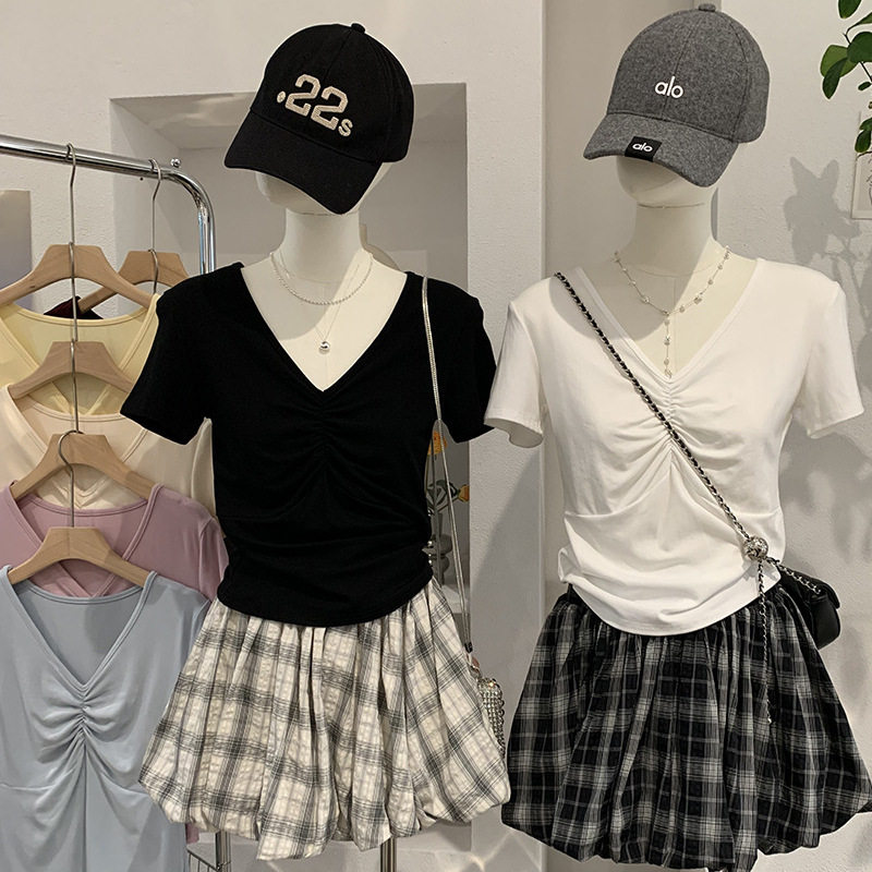 欧玛莱 V领胸前褶皱修身显瘦纯色短袖T恤女春夏季简约上衣潮 6808