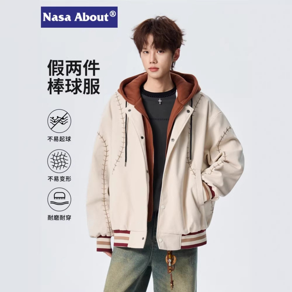 NASA美式刺绣夹克男士春秋2026新款宽松休闲连帽假两件棒球服外套