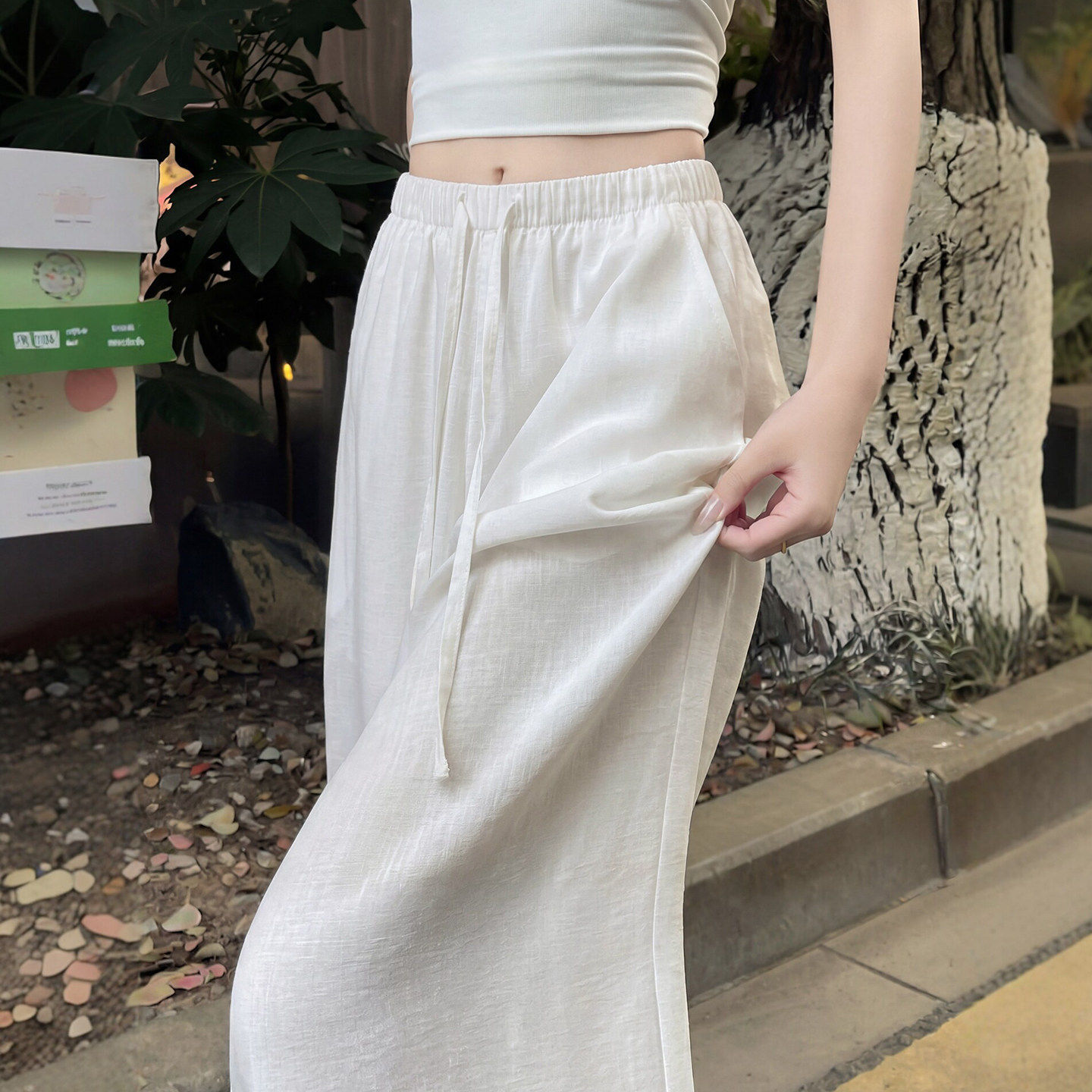 白色亚麻阔腿裤女2026夏季新款高腰显瘦慵懒风宽松速干棉麻休闲裤