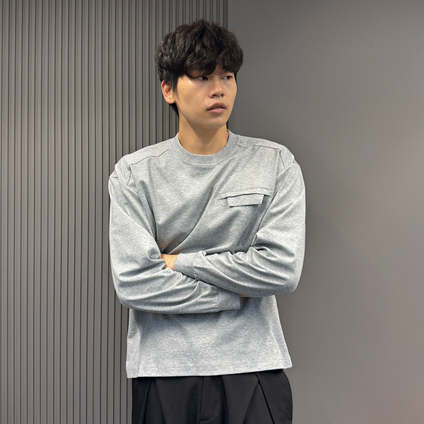 花灰色长袖t恤春秋男款 小领口休闲内搭打底衫美式落肩痞帅卫衣潮