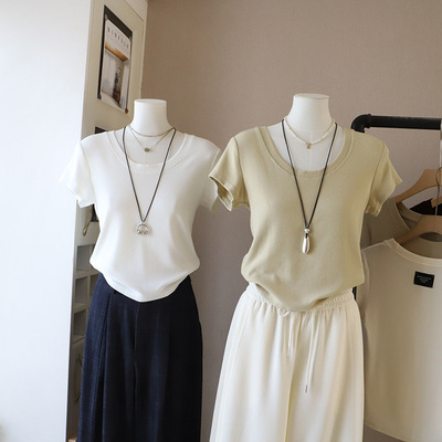 [比正]2026早春新款韩版圆领贴布修身显瘦休闲百搭短袖T恤女6043