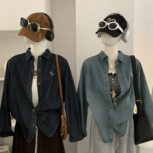 动物刺绣翻领单排扣长袖 上衣女 牛仔衬衫 新款 6025 2026春季 欧玛莱