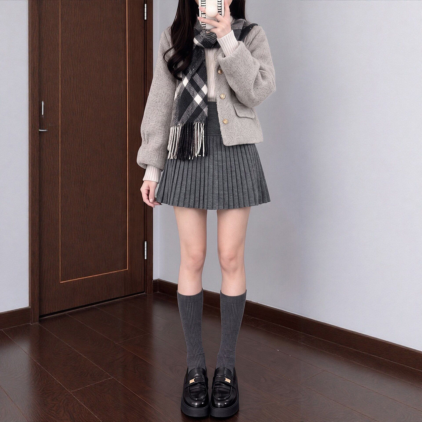 高腰a字短裙毛呢百褶裙女2026新款秋冬季灰色垂坠感学院风半身裙