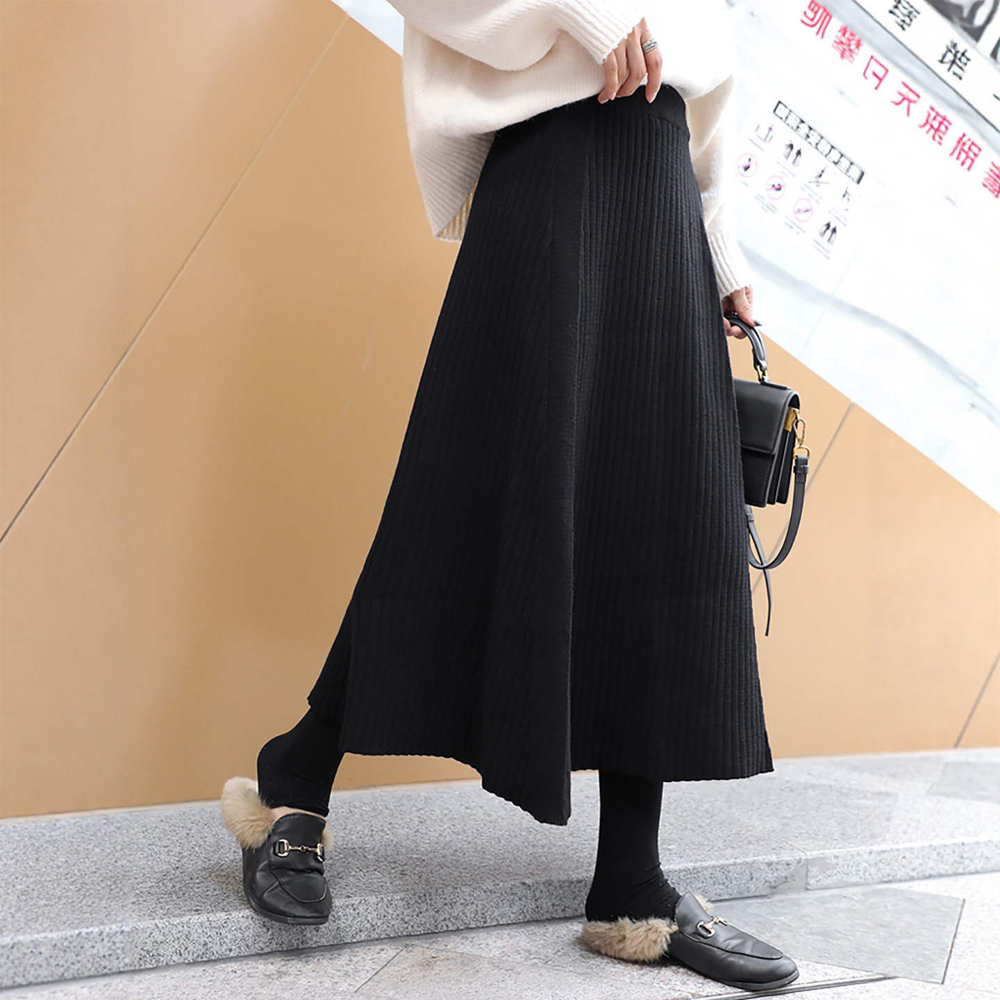 黑色针织裙子女2026新款秋冬加厚a字半身裙高腰显瘦半裙大摆长裙