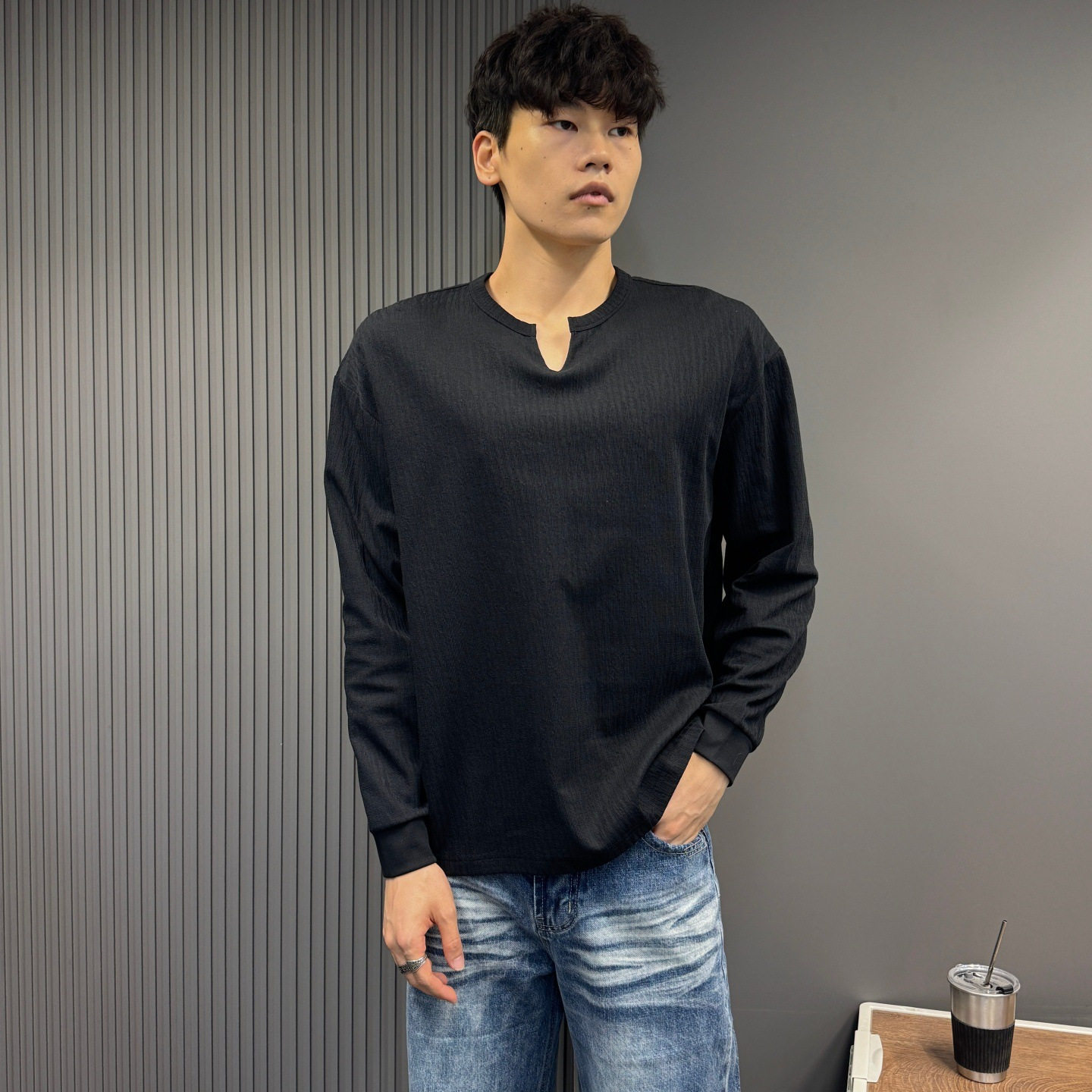 V领竖坑条纹长袖秋冬男T恤宽松健身衣服运动垂感重磅款训练百搭