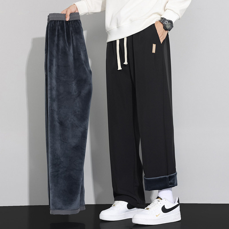 定制加绒加厚裤子男士秋冬季保暖直筒棉裤宽松阔腿运动休闲长裤