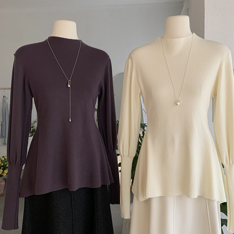 欧玛莱 气质修身显瘦鱼尾下摆泡泡袖针织衫时尚立领纯色毛衣 5707