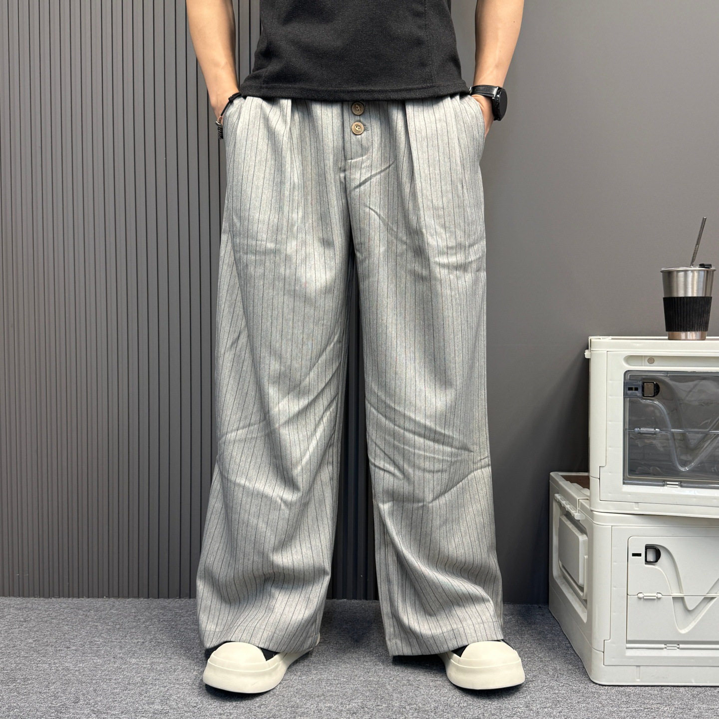 复古老钱风气质排扣条纹休闲西裤男女同款直筒垂坠高级感阔腿裤子