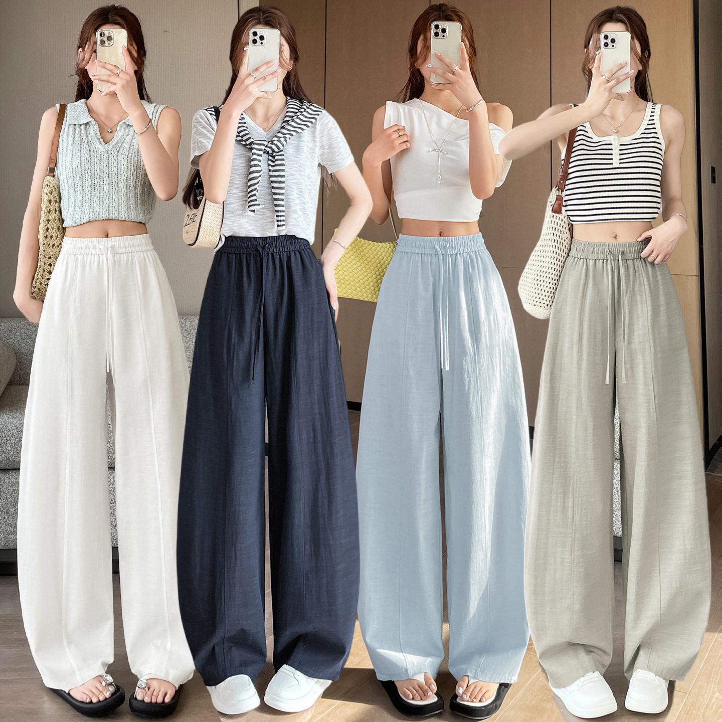 实拍冰丝棉麻弯刀裤女2026夏季高腰显瘦宽松慵懒风休闲运动阔腿裤