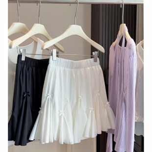 夏季芭蕾风蝴蝶结白色花苞半身裙女小个子高腰显瘦A字蓬蓬短裙子