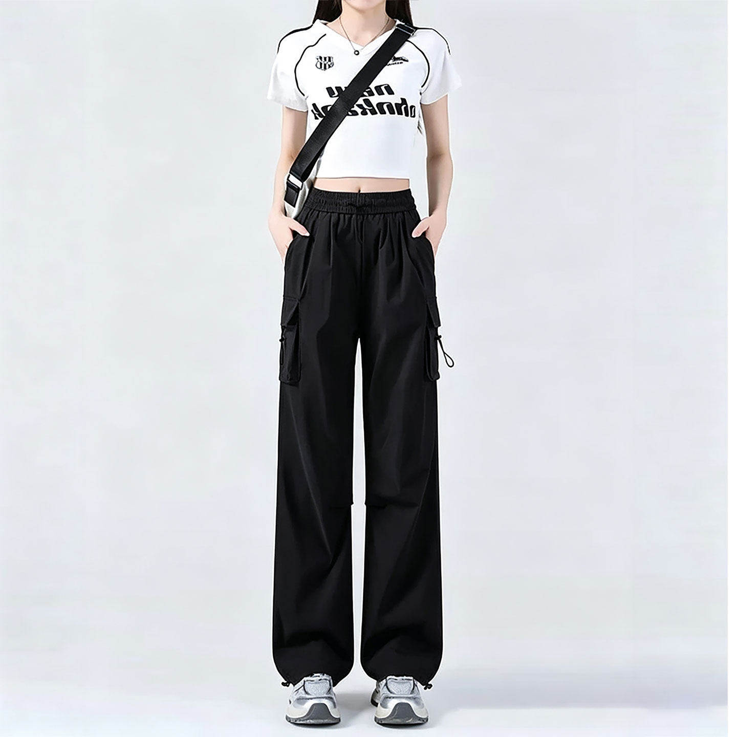 黑色速干工装裤女士2026新款夏季休闲冰丝薄款高腰直筒阔腿运动裤