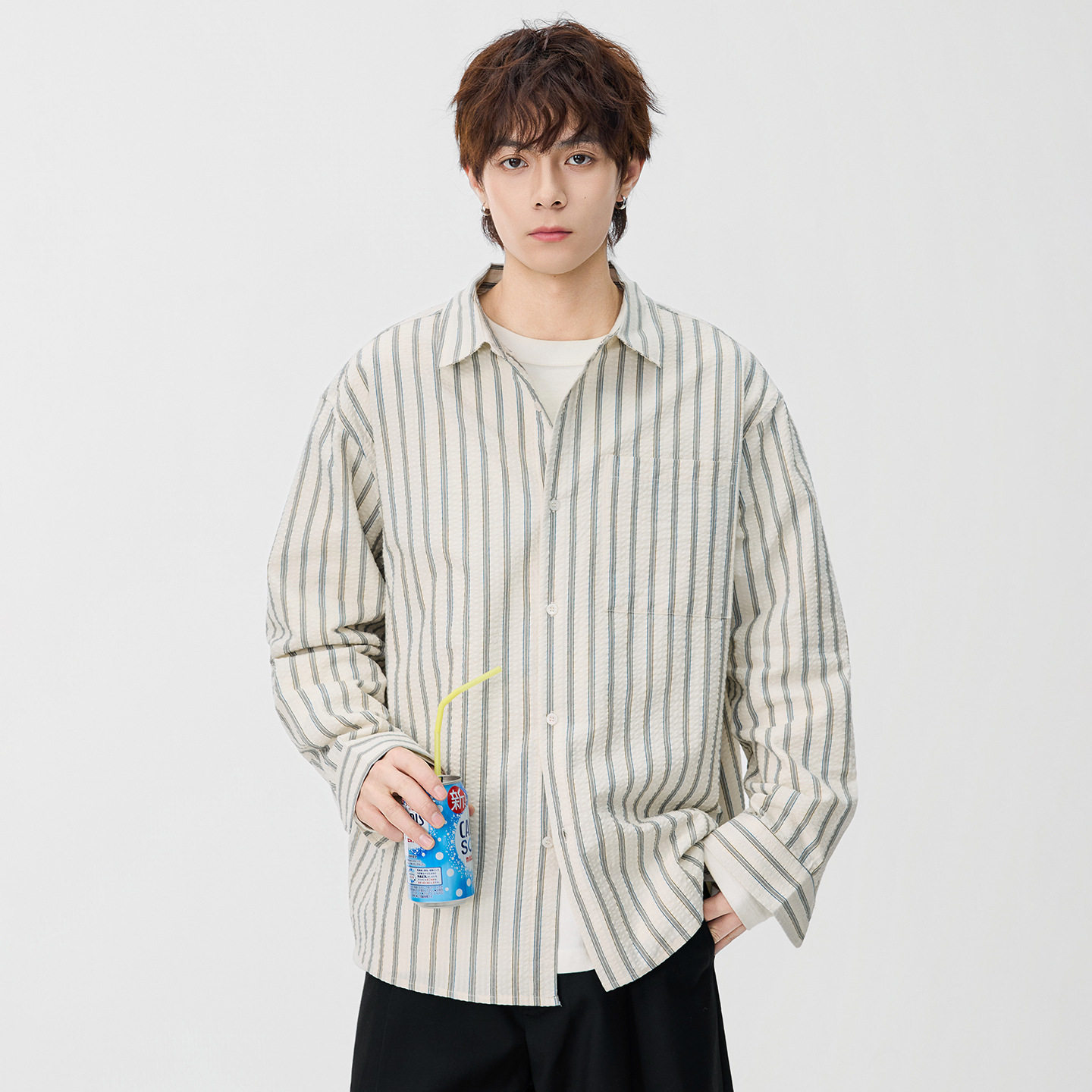 美式休闲立体泡泡纱长袖条纹衬衫 春季新款宽松潮男纯棉复古衬衣