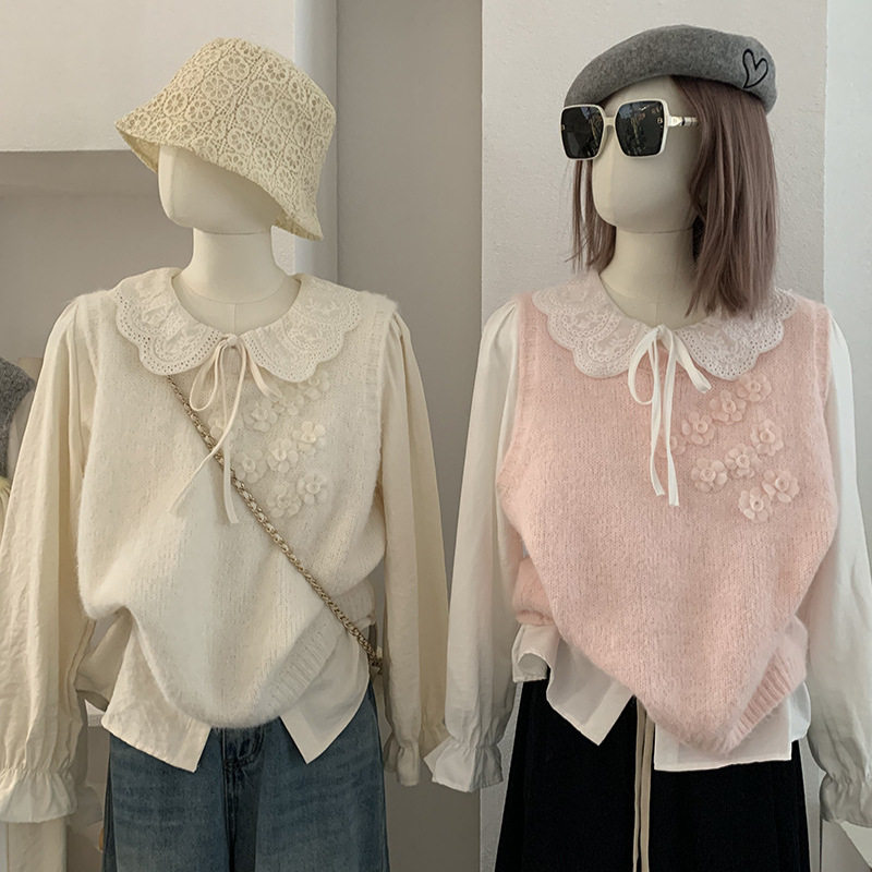 欧玛莱 娃娃领长袖衬衫叠搭立体花朵无袖针织马甲两件套上衣 5964