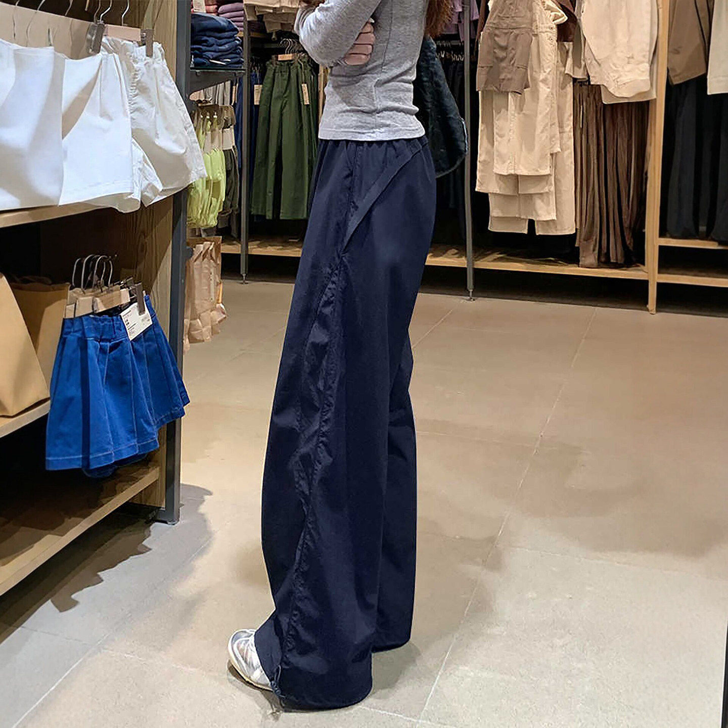 美式藏青色工装裤女2026新款夏季小个子宽松阔腿裤运动速干休闲裤