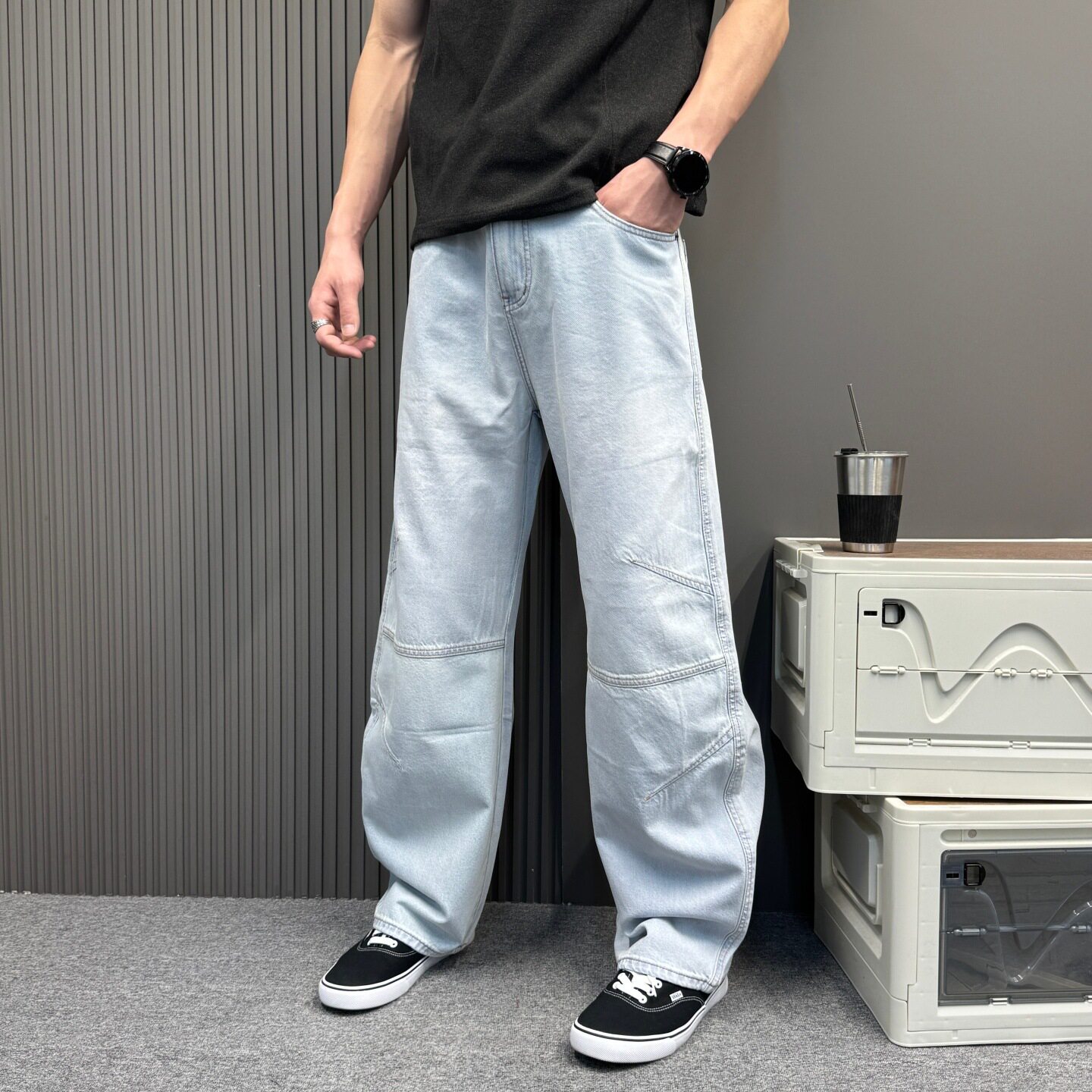 蓝色男士直筒裤水洗牛仔裤痞帅休闲裤潮牌做旧耐磨弯刀裤2026长裤