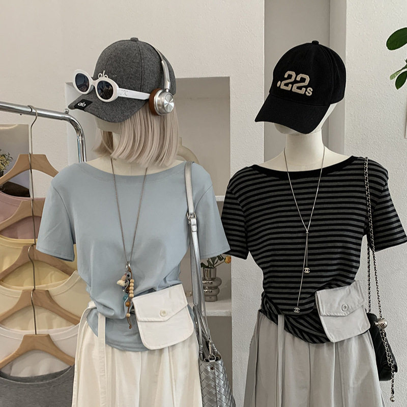 欧玛莱 2026春夏季新款短袖圆领侧边褶皱纯色上衣T恤实拍女装6418