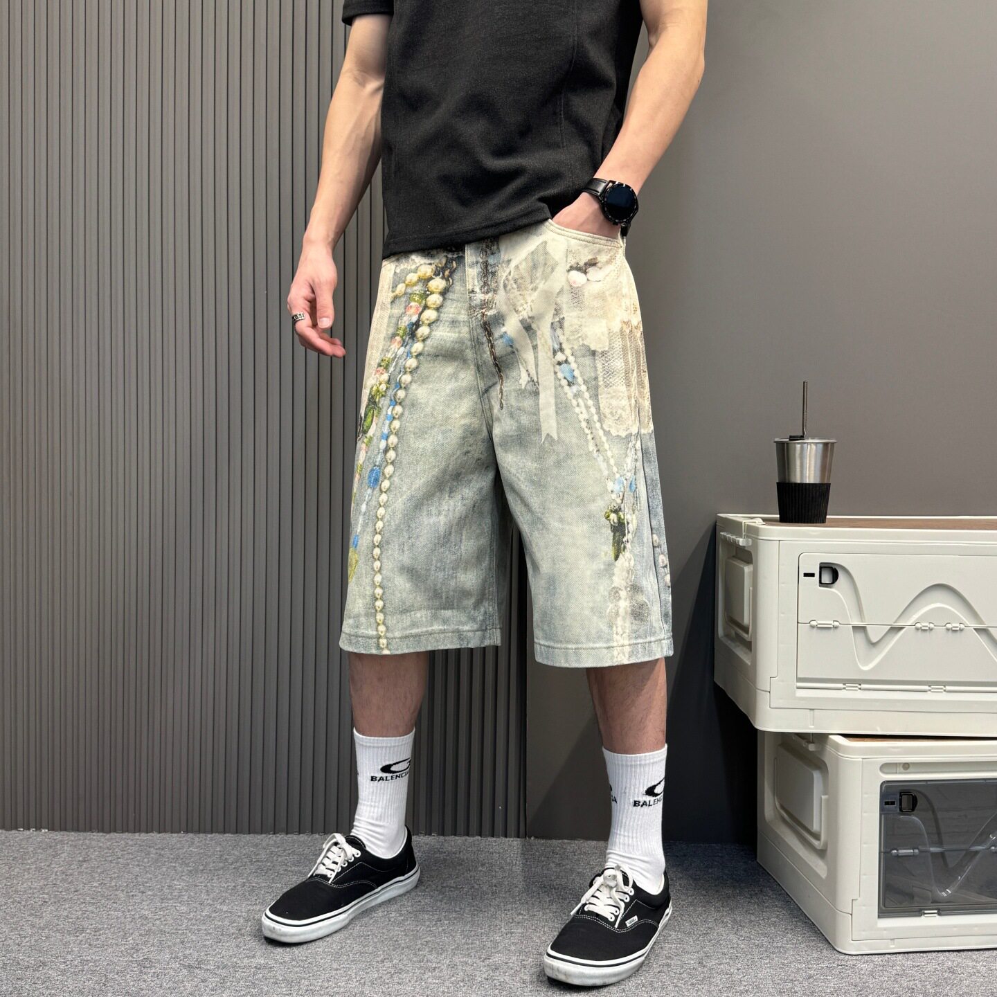 蕾丝珍珠链条3D数码立体印花牛仔阔腿裤中裤男女同款街头个性裤子