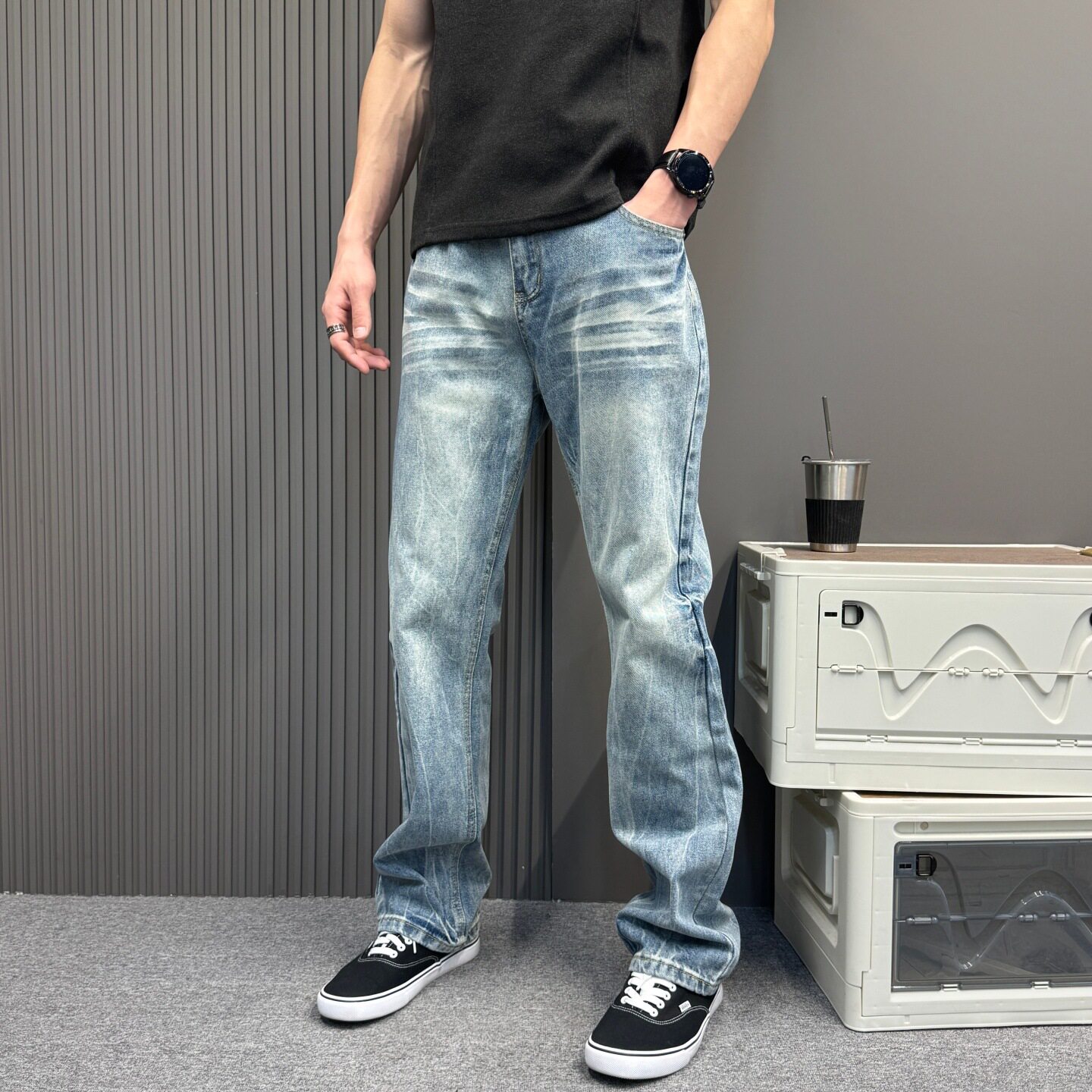 蓝色闪电竹节纹微喇牛仔裤男女款夏季美式高街裤子提档显瘦直筒裤