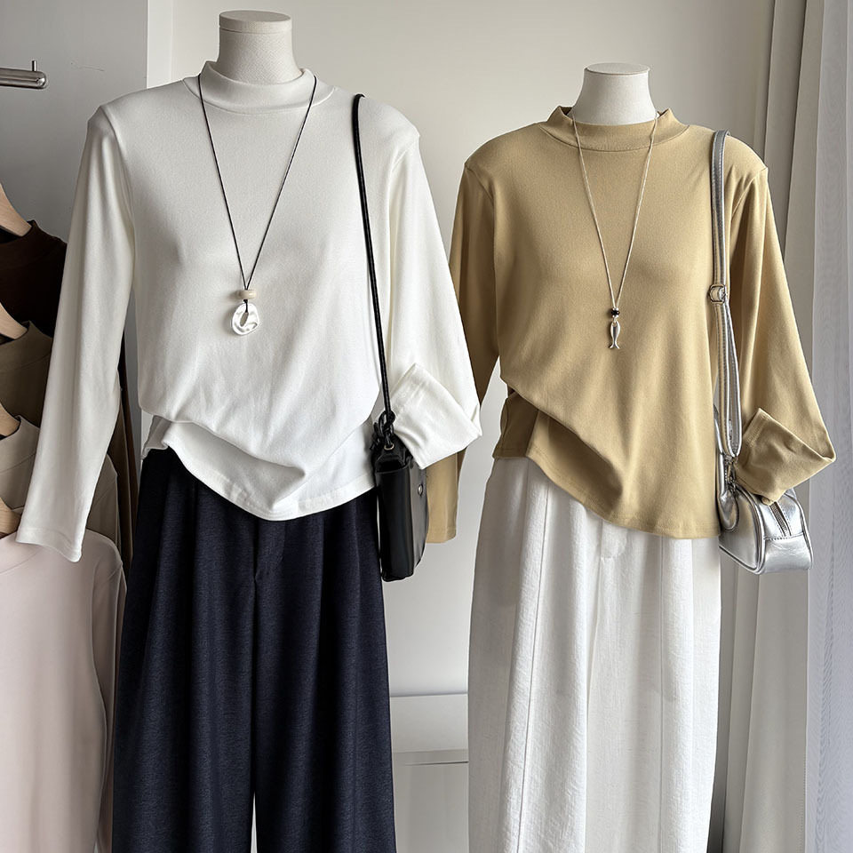比正]2026秋季新品 韩版纯色半高领长袖打底衫女显瘦百搭上衣7274